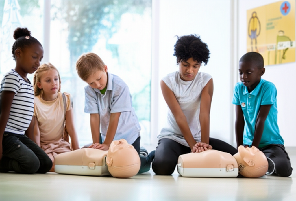 Kids learning CPR in a bright, engaging environment