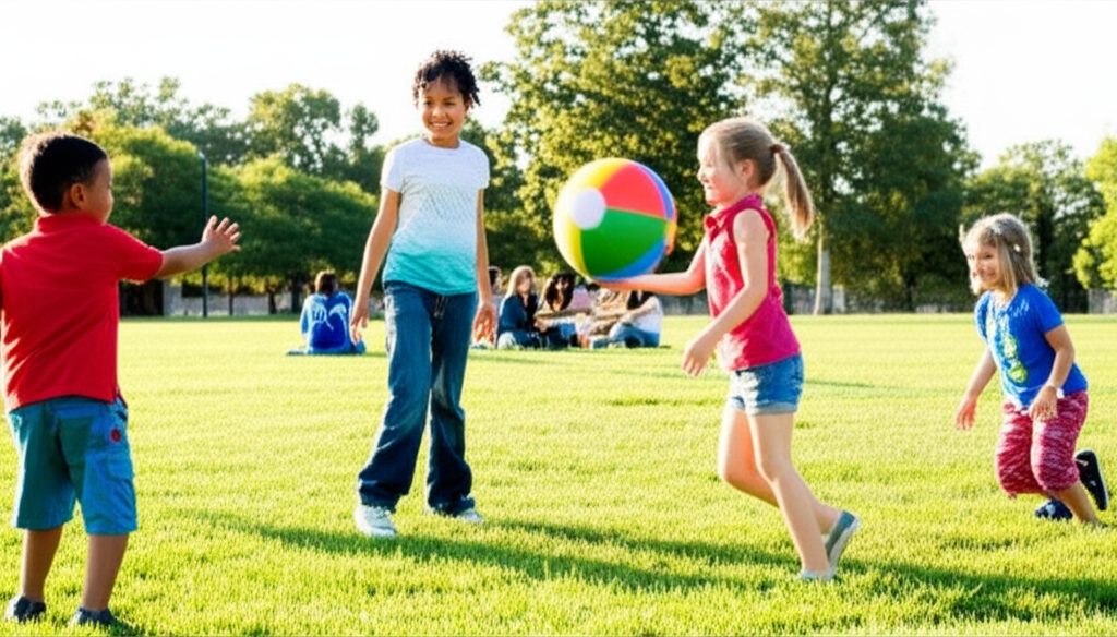 Children playing safely in a park, demonstrating community well-being